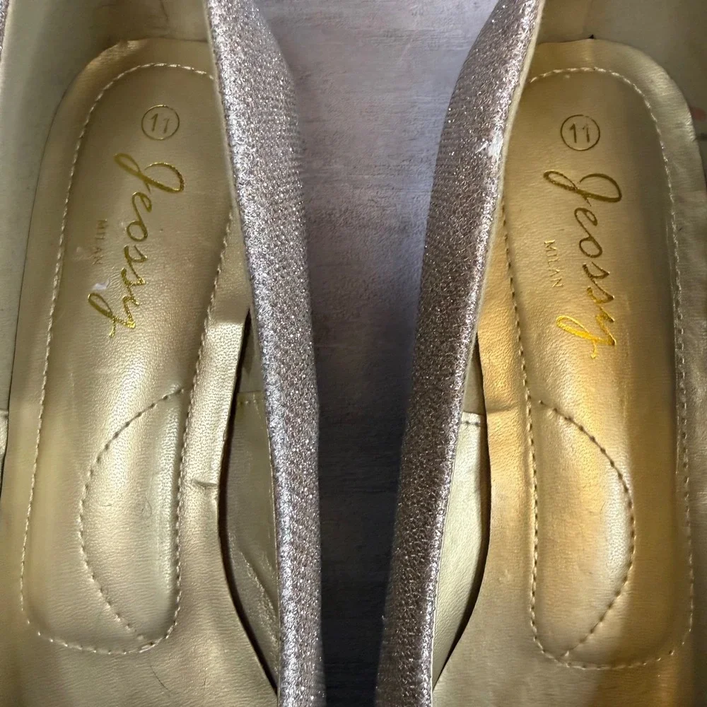 Jeossy Milan Gold Glitter Low Wedge Pumps Round Toe Formal Evening Shoes Size 11
